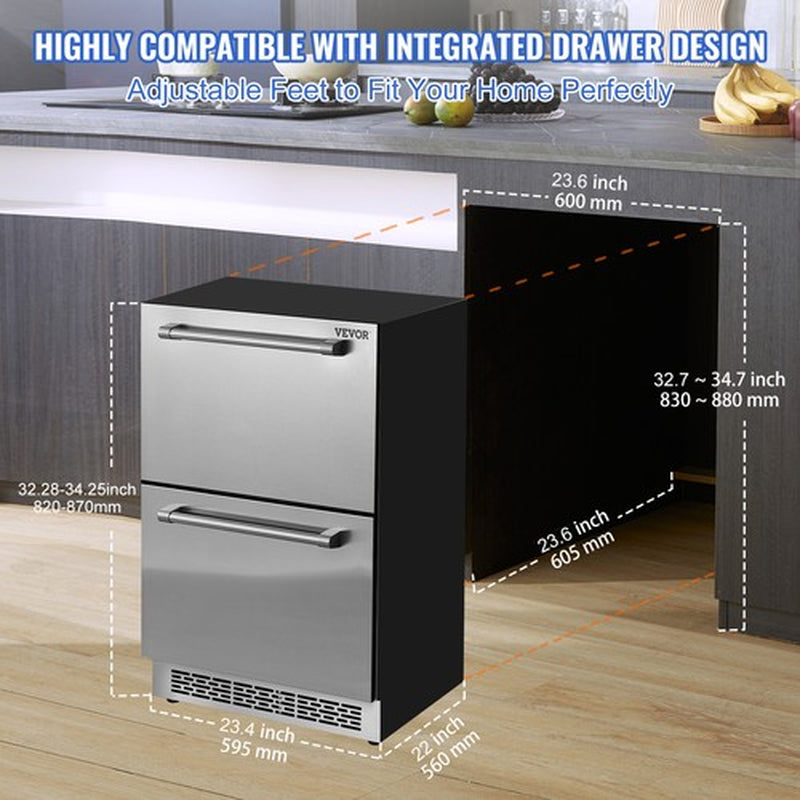 VEVOR Undercounter Refrigerator 24" Built-In 2 Drawer Refrigerator Fridge SUS