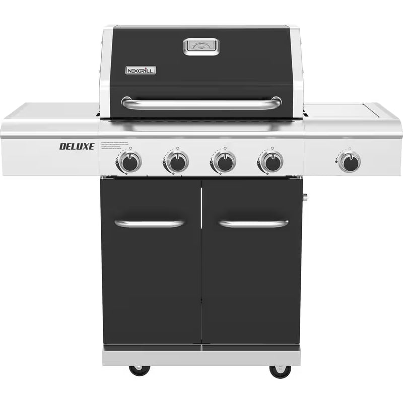 Deluxe 4-Burner Dual Fuel Gas Grill with Gourmet plus Griddle Insert and Side Burner in Black