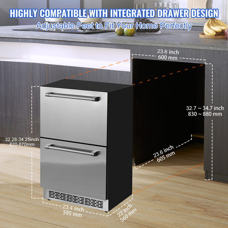 Undercounter Refrigerator Freezeer 24" Built-In 2 Drawer Fridge Chill Freezer