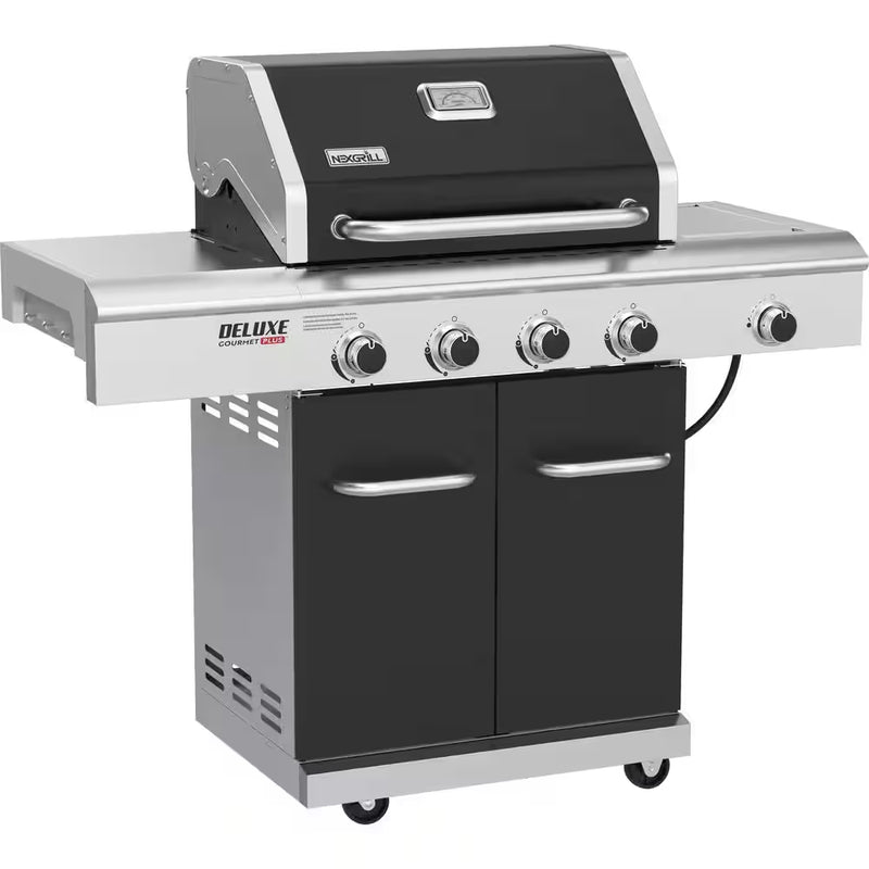 Deluxe 4-Burner Dual Fuel Gas Grill with Gourmet plus Griddle Insert and Side Burner in Black