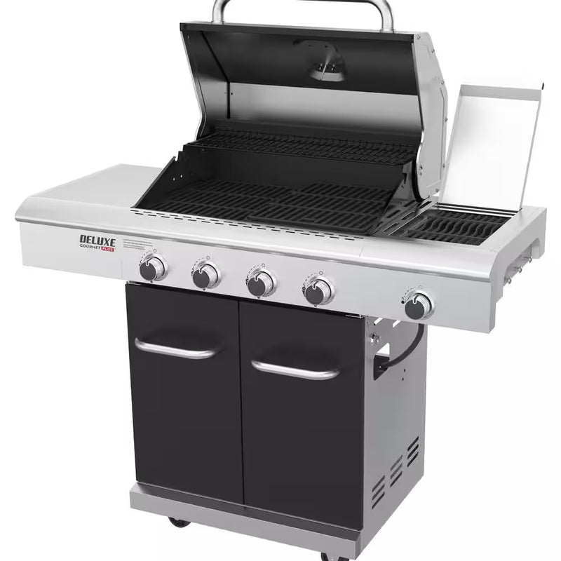 Deluxe 4-Burner Dual Fuel Gas Grill with Gourmet plus Griddle Insert and Side Burner in Black