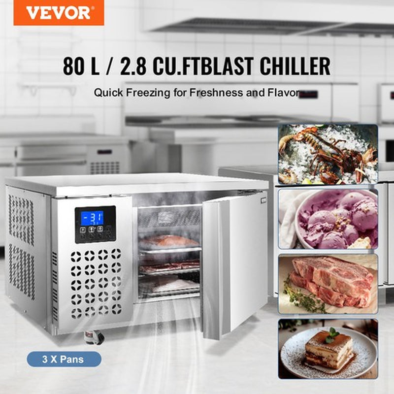 VEVOR 80L Commercial Blast Freezer 3 Trays Blast Chiller Chest Seafood Ice Cream
