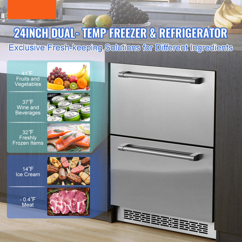 Undercounter Refrigerator Freezeer 24" Built-In 2 Drawer Fridge Chill Freezer
