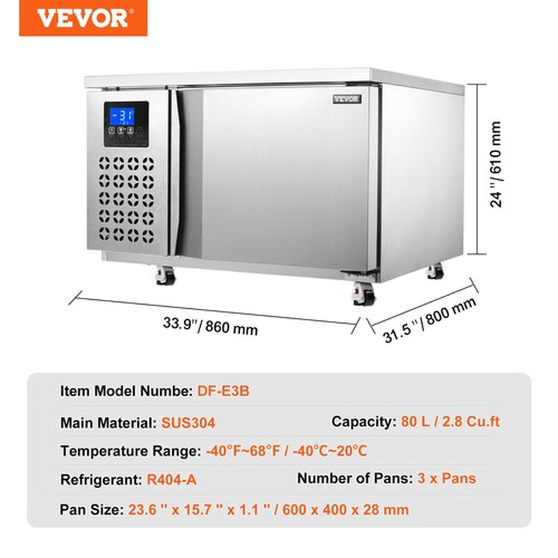 VEVOR 80L Commercial Blast Freezer 3 Trays Blast Chiller Chest Seafood Ice Cream