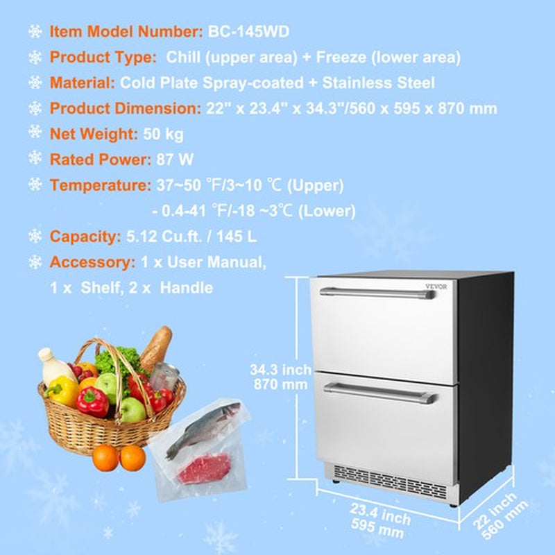 VEVOR Undercounter Refrigerator 24" Built-In 2 Drawer Refrigerator Fridge SUS